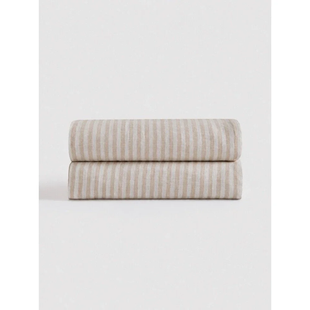 Quince Queen European Linen Fitted Sheet Set Natural White Stripe NEW